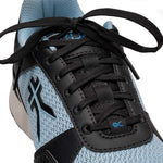 Close-up of the upper material on the KURU QUANTUM 2 Women's Sneaker in Jet Black-Misty Blue.