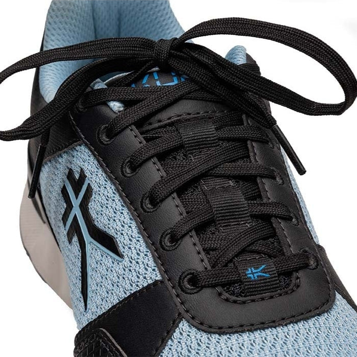 Close-up of the upper material on the KURU QUANTUM 2 Women's Sneaker in Jet Black-Misty Blue.