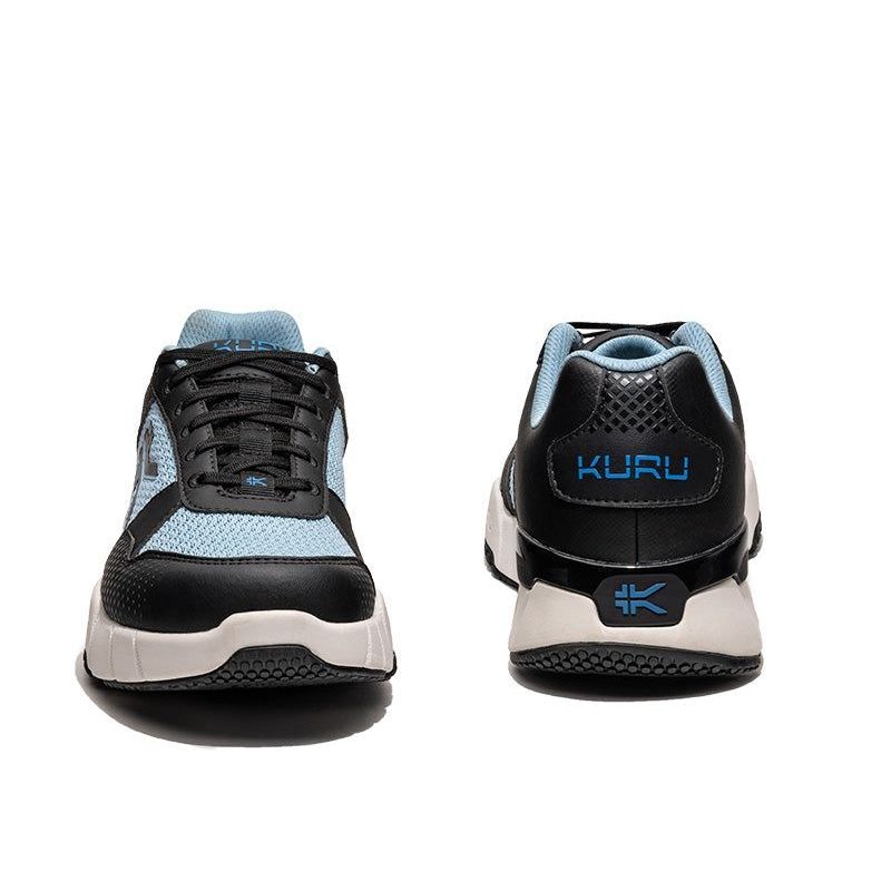 Back heel view of the KURU QUANTUM 2 Women's Sneaker in Jet Black-Misty Blue.