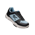 Angled profile view of the KURU QUANTUM 2 Women's Sneaker in Jet Black-Misty Blue.