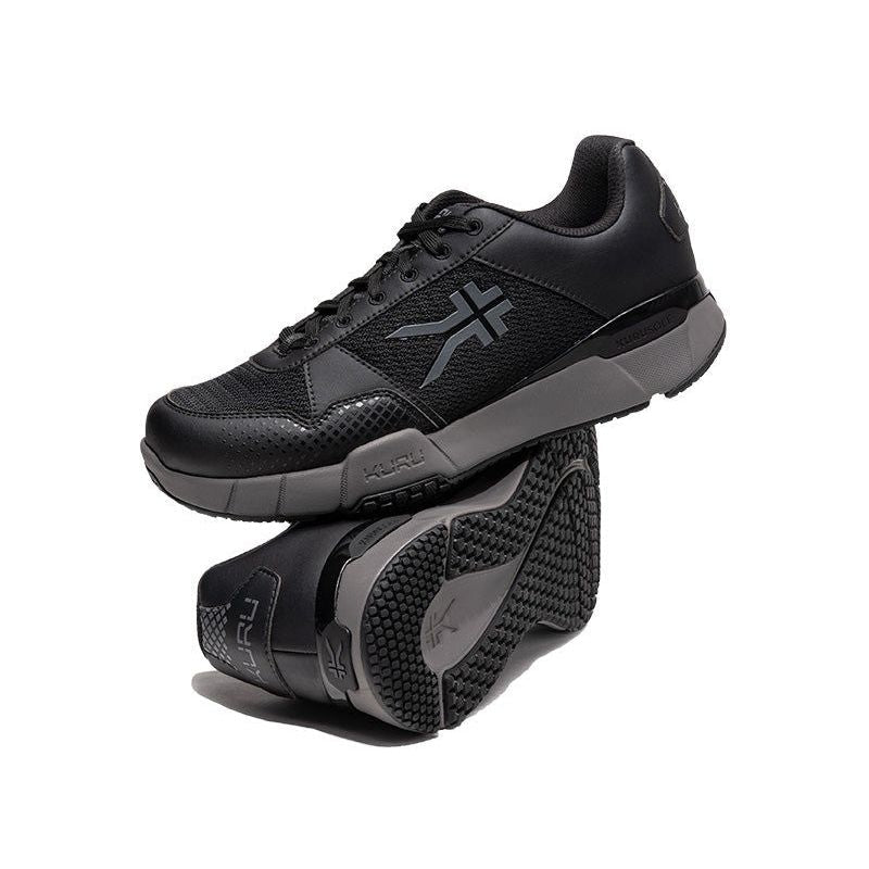 Pair of KURU QUANTUM 2 Women's Sneaker in Jet Black-Slate Gray, angled view.