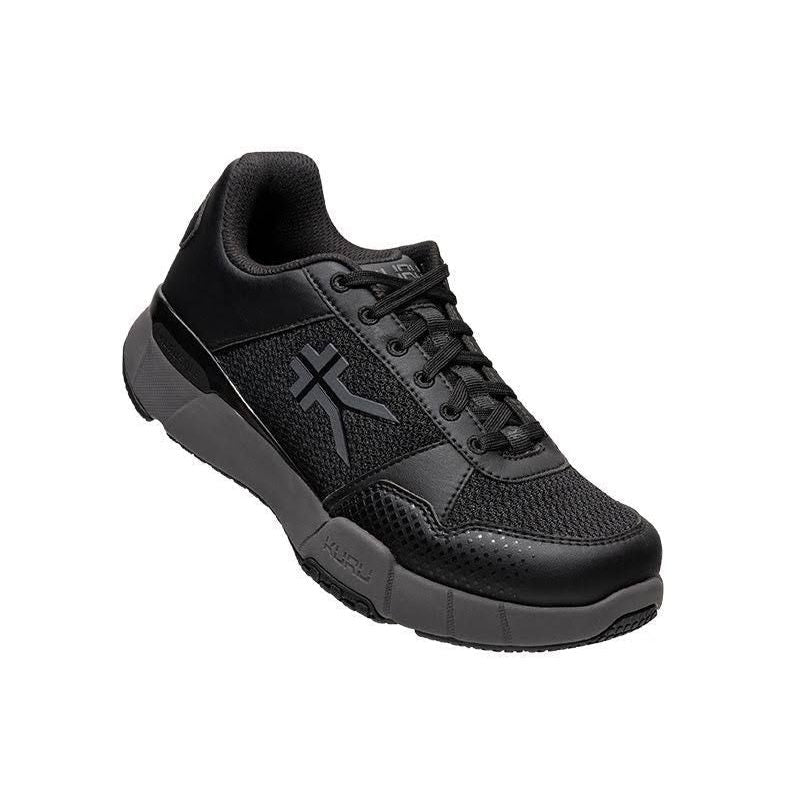 Back heel view of the KURU QUANTUM 2 WIDE Men's Sneaker in Jet Black-Slate Gray.