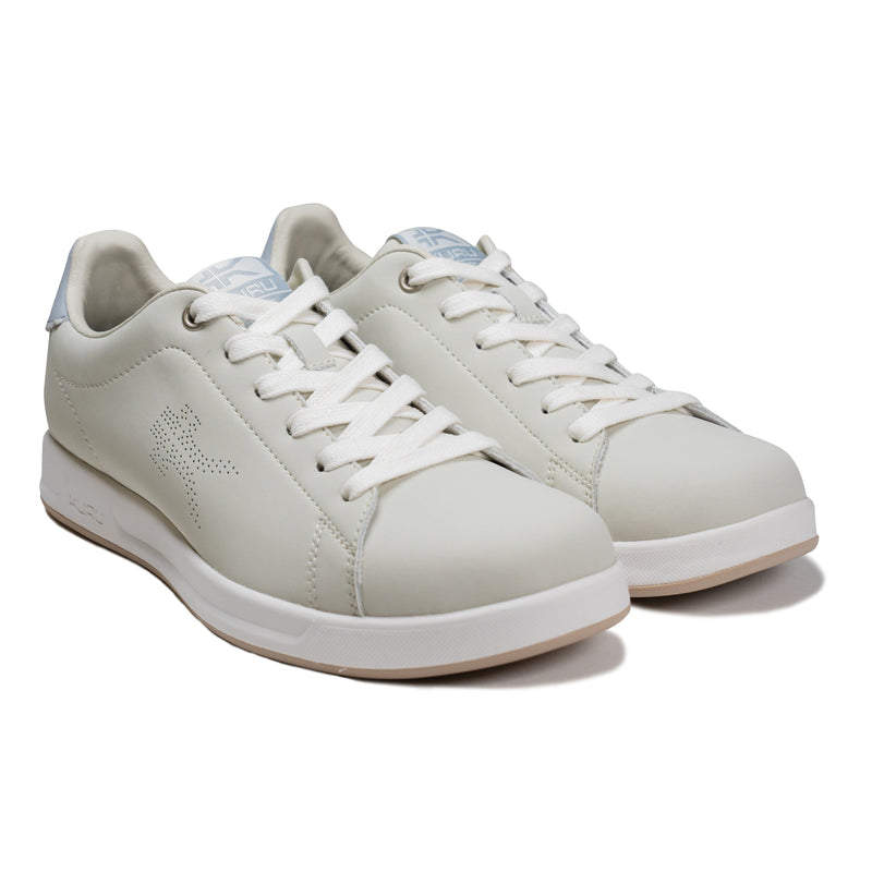 Pair of KURU ROAM Women's Sneaker in Bone Gray-Cloud Gray, angled view.