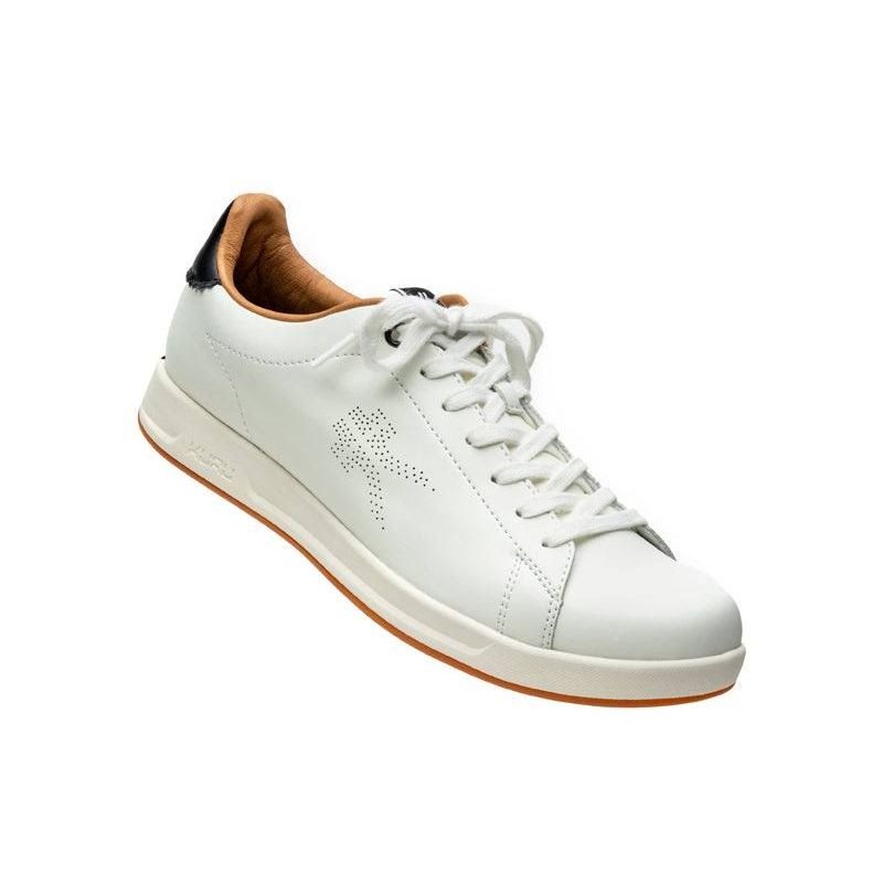Angled profile view of the KURU ROAM Women's Sneaker in Bright White-Jet Black.