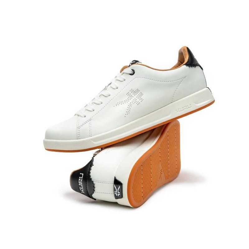 Pair of KURU ROAM Women's Sneaker in Bright White-Jet Black, angled view.