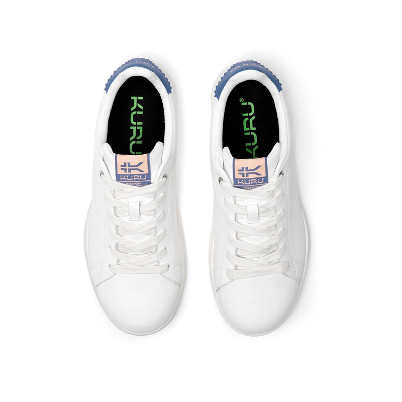 Pair of KURU ROAM Women's Sneaker in Bright White-Mineral Blue, angled view.