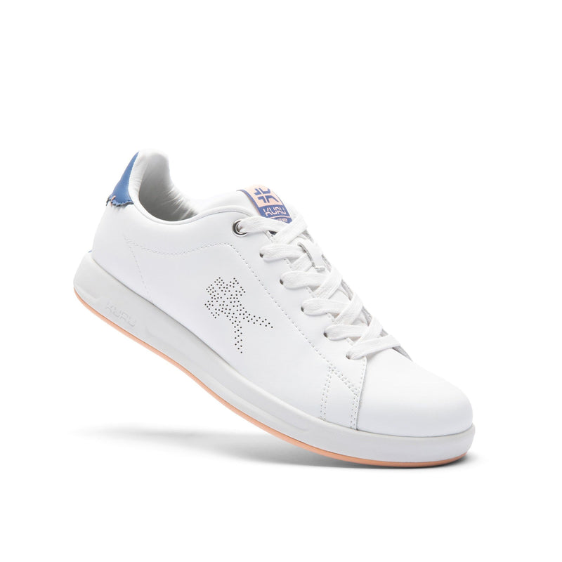 Angled profile view of the KURU ROAM Women's Sneaker in Bright White-Mineral Blue.