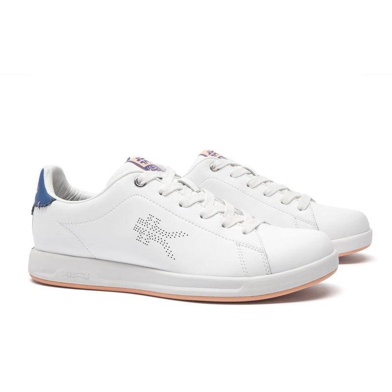 Pair of KURU ROAM Women's Sneaker in Bright White-Mineral Blue, angled view.