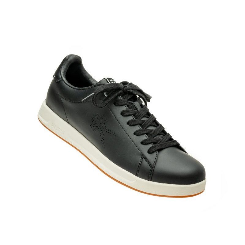 Angled profile view of the KURU ROAM Men's Sneaker in Jet Black-Bright White.