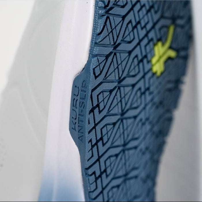 Back heel view of the KURU SHIFT Women's Sneaker in Dove Gray-Mineral Blue.