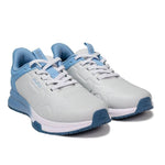 Angled profile view of the KURU SHIFT Women's Sneaker in Dove Gray-Mineral Blue.