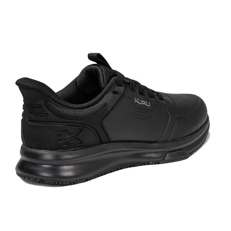 Angled profile view of the KURU SHIFT Women's Sneaker in Jet Black.