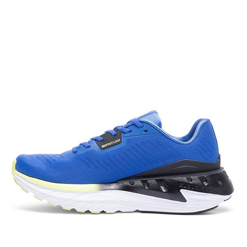 Back heel view of the KURU TRIPLE MAX Ion Men's Sneaker in Azure Blue-Sunny Lime.