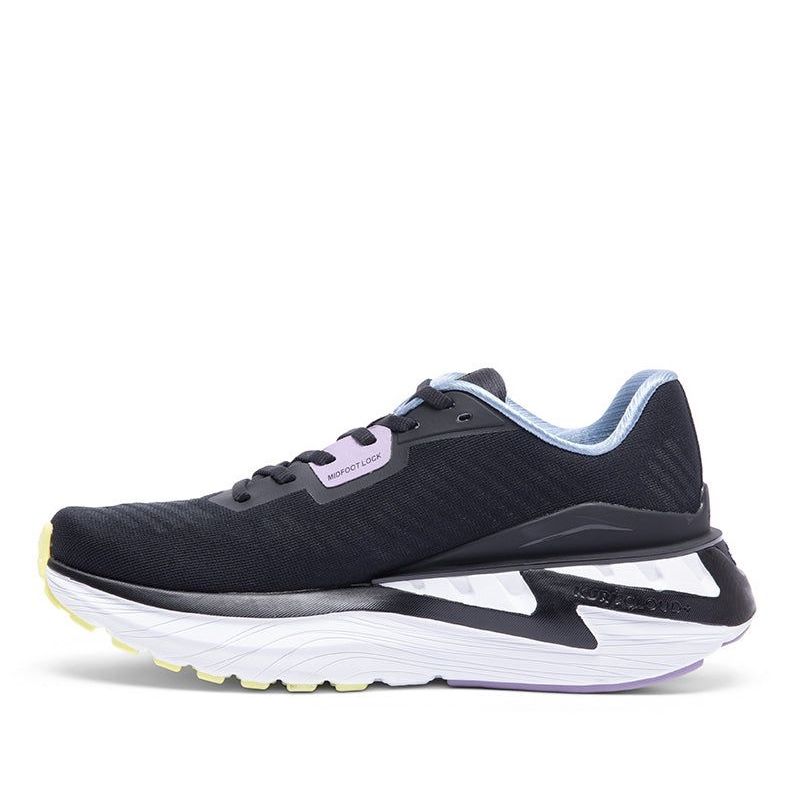 Back heel view of the KURU TRIPLE MAX Ion Women's Sneaker in Jet Black-Multi.