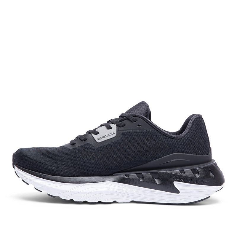 Back heel view of the KURU TRIPLE MAX Ion Men's Sneaker in Jet Black-Storm Gray.
