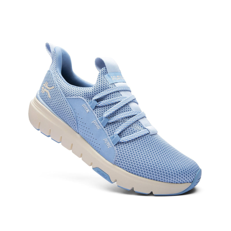 Back heel view of the KURU FLEX Slip-On Women's Sneaker in Blue Fog-Sand.