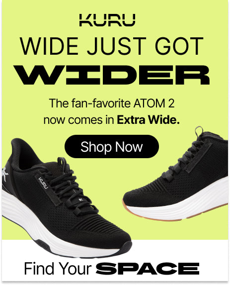 KURU ATOM 2 athletic sneaker in black, now available in Extra Wide widths.