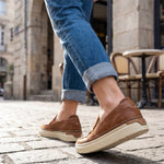 Pair of KURU ROAM 2 Atla Women's Sneaker in Cognac Brown-Ashwood, angled view.