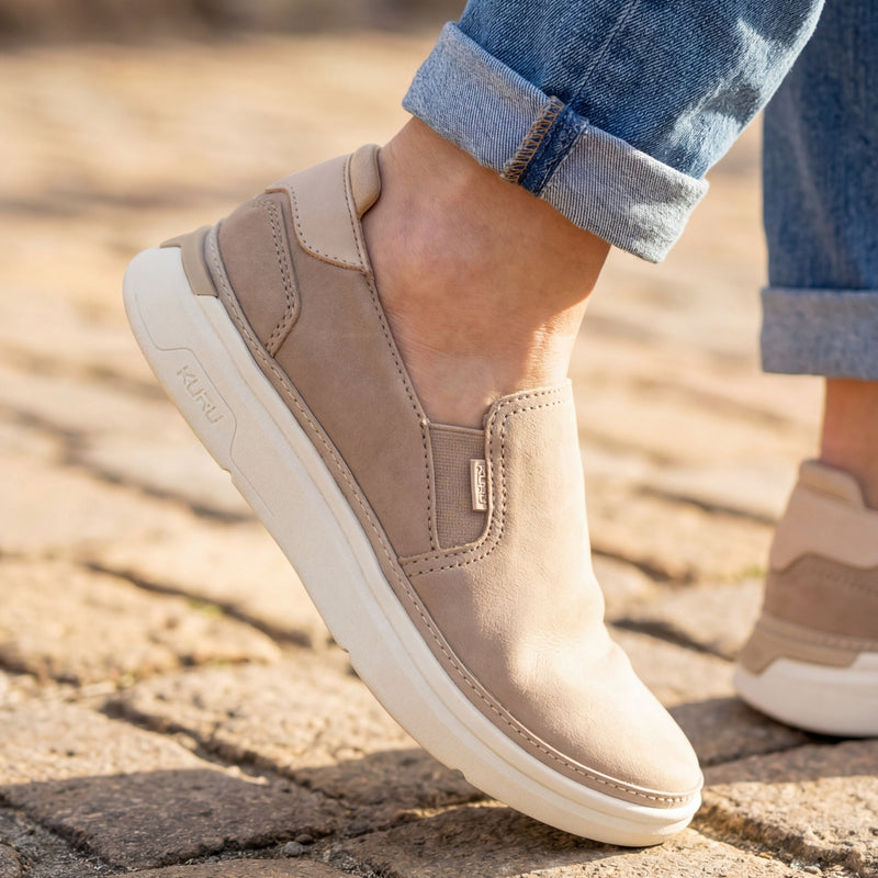 Angled profile view of the KURU ROAM 2 Atla Women's Sneaker in Sand-Ecru.