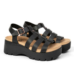 Pair of KURU LOMA Jarvi Women's Sandal in Jet Black, angled view.