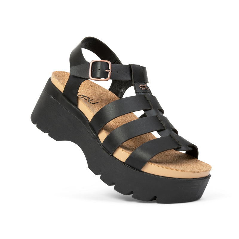 Angled profile view of the KURU LOMA Jarvi Women's Sandal in Jet Black.
