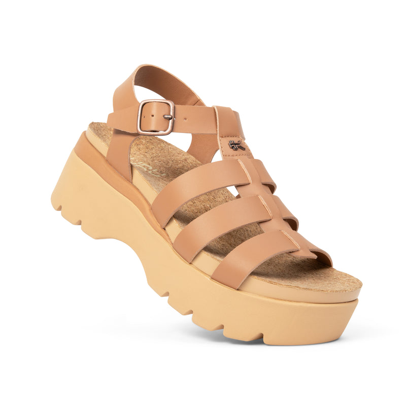 Angled profile view of the KURU LOMA Jarvi Women's Sandal in Toffee-Sand.