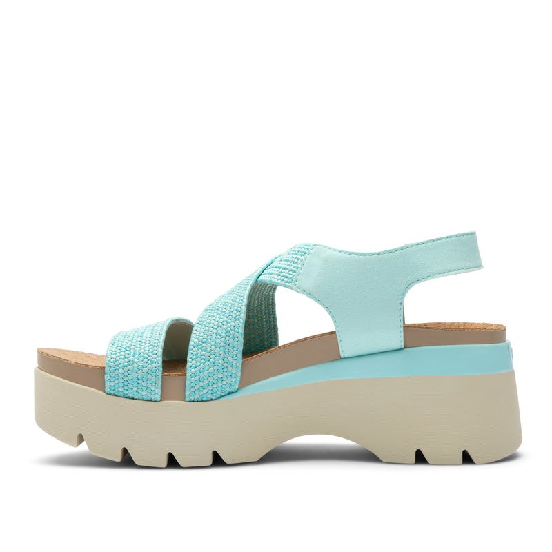 Inner side view of the KURU LOMA Women's Sandal in Aqua Spritzer.