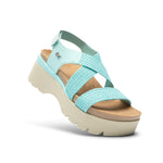 Angled profile view of the KURU LOMA Women's Sandal in Aqua Spritzer.