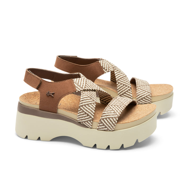 Pair of KURU LOMA Women's Sandal in Molasses Brown-Ashwood, angled view.