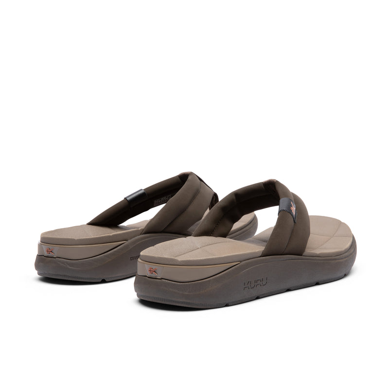 Close-up of the heel cup on the KURU MOMENT Flip Men's Flip-Flop in Espresso Brown-Warmstone.