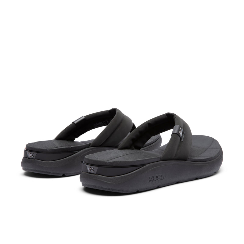 Close-up of the heel cup on the KURU MOMENT Flip Women's Flip-Flop in Jet Black.