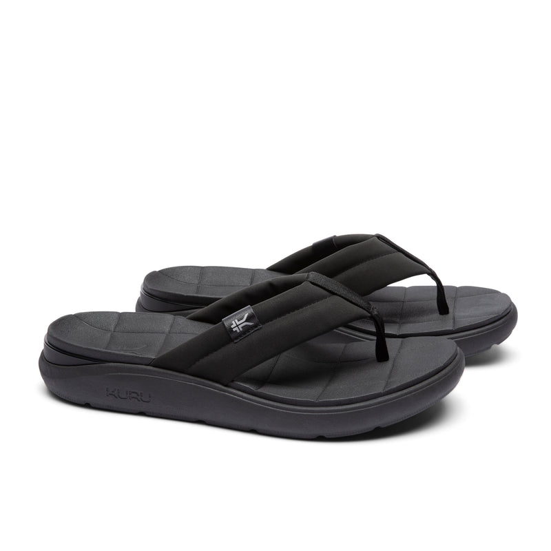 Pair of KURU MOMENT Flip Men's Flip-Flop in Jet Black, angled view.