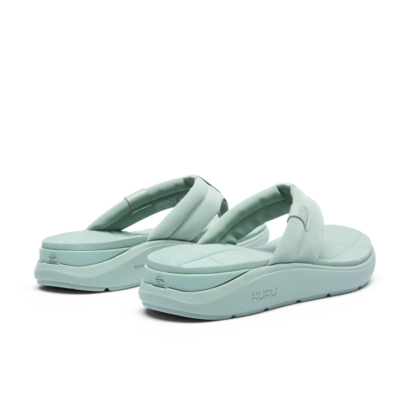 Close-up of the heel cup on the KURU MOMENT Flip Women's Flip-Flop in Safari Green.