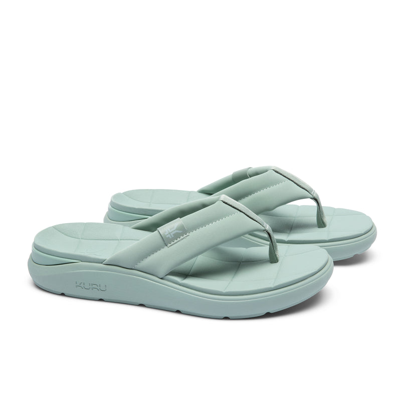 Pair of KURU MOMENT Flip Women's Flip-Flop in Safari Green, angled view.