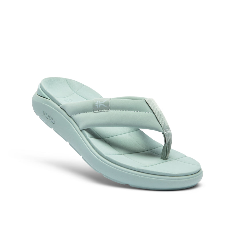 Angled profile view of the KURU MOMENT Flip Women's Flip-Flop in Safari Green.