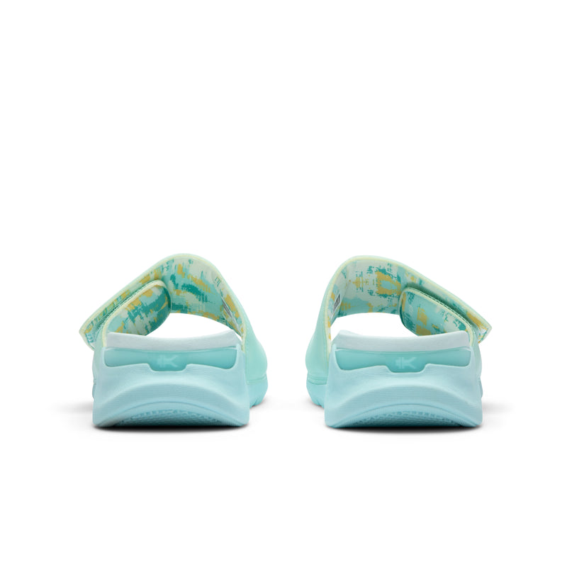 Back heel view of the KURU MOMENT Women's Sandal in Aqua Frost.