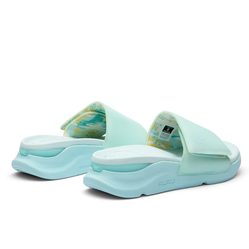 Close-up of the heel cup on the KURU MOMENT Women's Sandal in Aqua Frost.