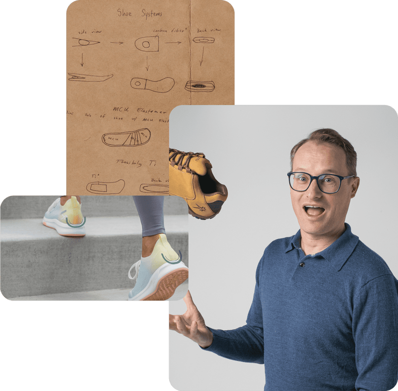 Collage of three photos featuring detailed shots of KURU models, including one of Bret Rasmussen, Founder and CEO at KURU.