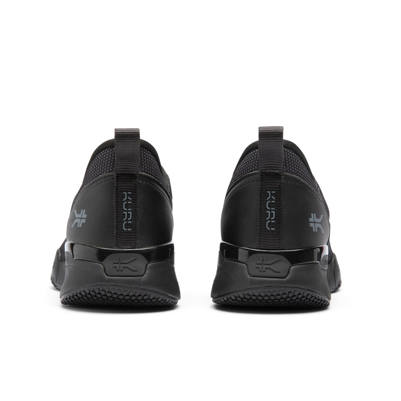 Back heel view of the KURU QUANTUM 2 Slip-On Men's Slip-On Sneaker in Jet Black-Lead Gray.