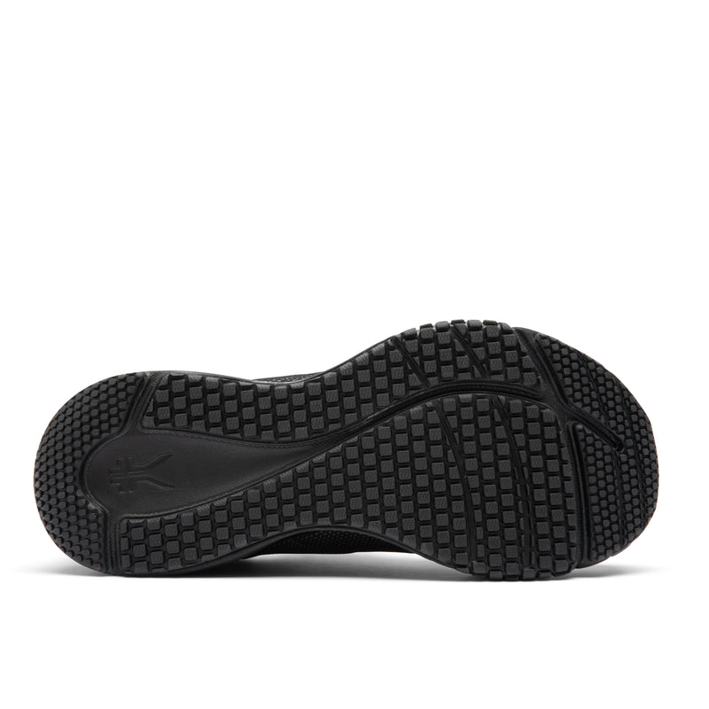 Outsole view of the KURU QUANTUM 2 Slip-On Men's Slip-On Sneaker in Jet Black-Lead Gray, showing the KURUSOLE tread.