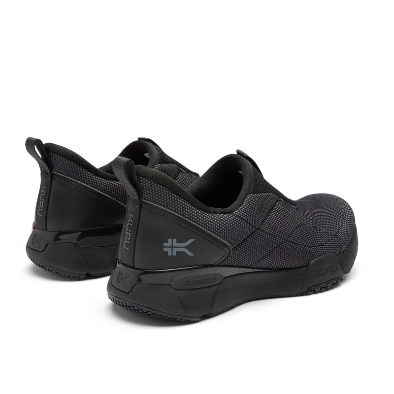 Close-up of the heel cup on the KURU QUANTUM 2 Slip-On Men's Slip-On Sneaker in Jet Black-Lead Gray.