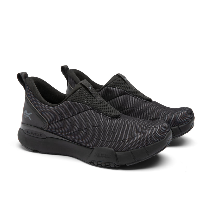Pair of KURU QUANTUM 2 Slip-On Men's Slip-On Sneaker in Jet Black-Lead Gray, angled view.