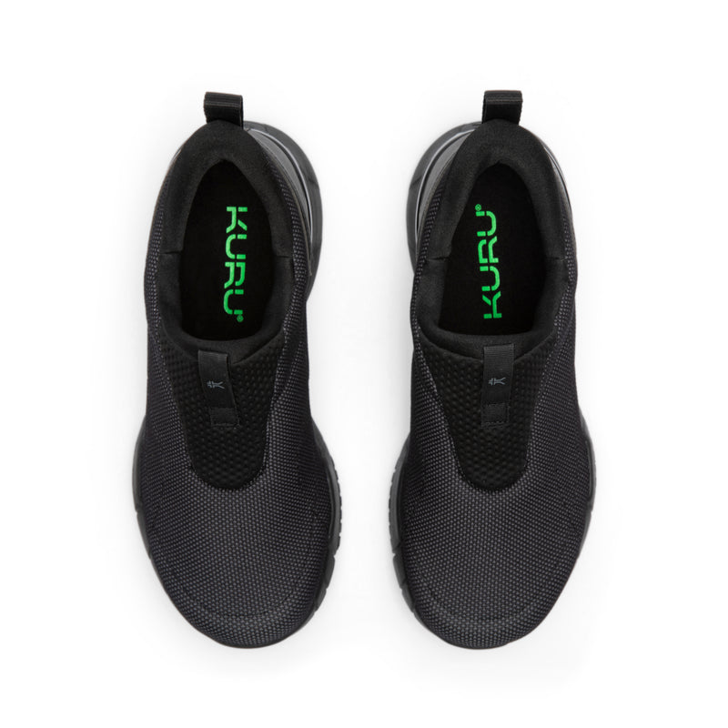 Top-down view of the KURU QUANTUM 2 Slip-On Men's Slip-On Sneaker in Jet Black-Lead Gray.