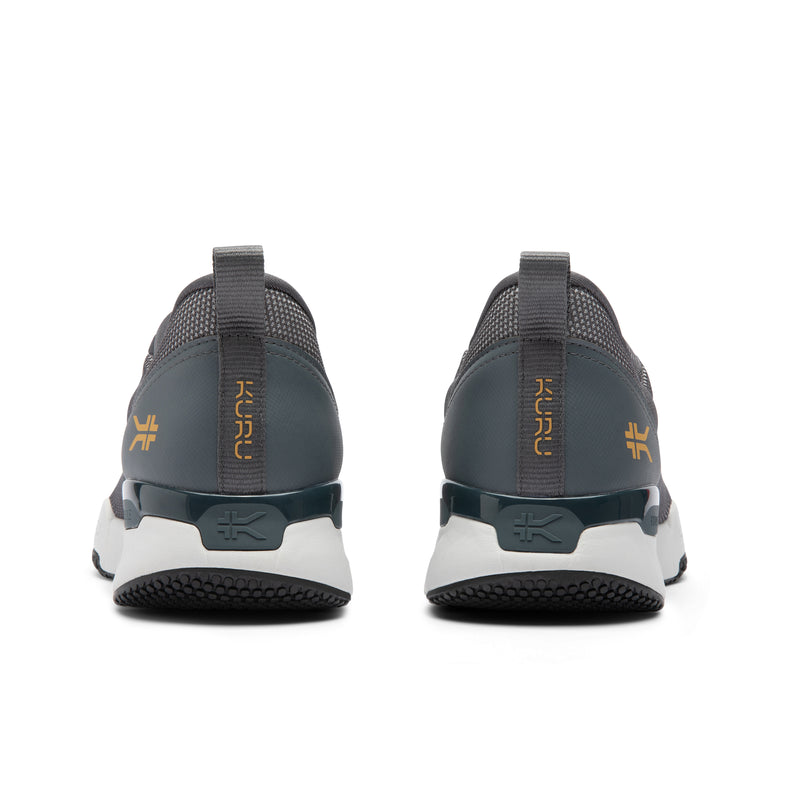 Back heel view of the KURU QUANTUM 2 Slip-On Men's Slip-On Sneaker in Lead Gray-Dove Gray.
