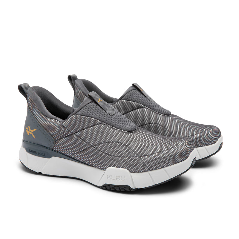 Pair of KURU QUANTUM 2 Slip-On Men's Slip-On Sneaker in Lead Gray-Dove Gray, angled view.