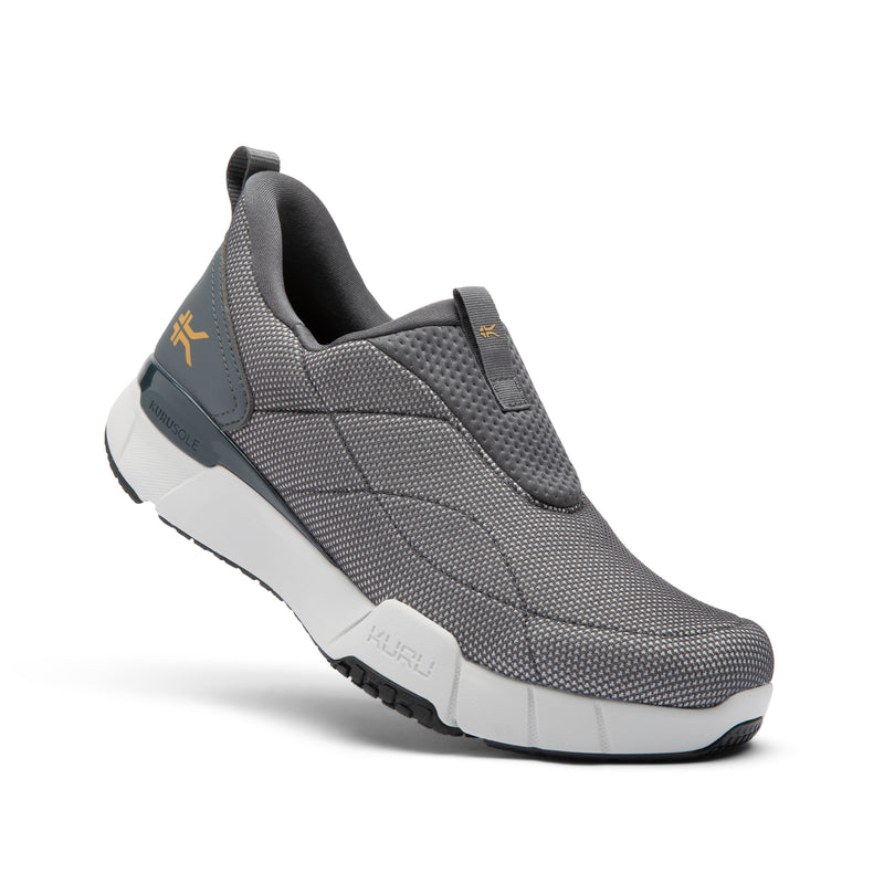 Angled profile view of the KURU QUANTUM 2 Slip-On Men's Slip-On Sneaker in Lead Gray-Dove Gray.