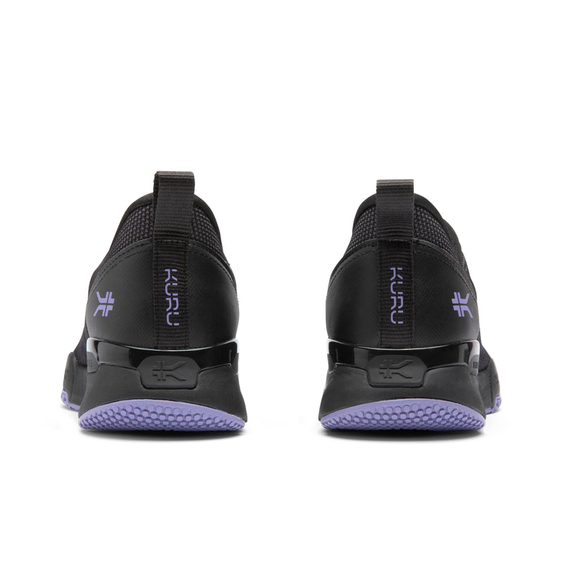 Back heel view of the KURU QUANTUM 2 Slip-On Women's Slip-On Sneaker in Jet Black-Purple Haze.