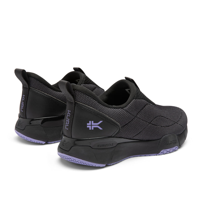 Close-up of the heel cup on the KURU QUANTUM 2 Slip-On Women's Slip-On Sneaker in Jet Black-Purple Haze.
