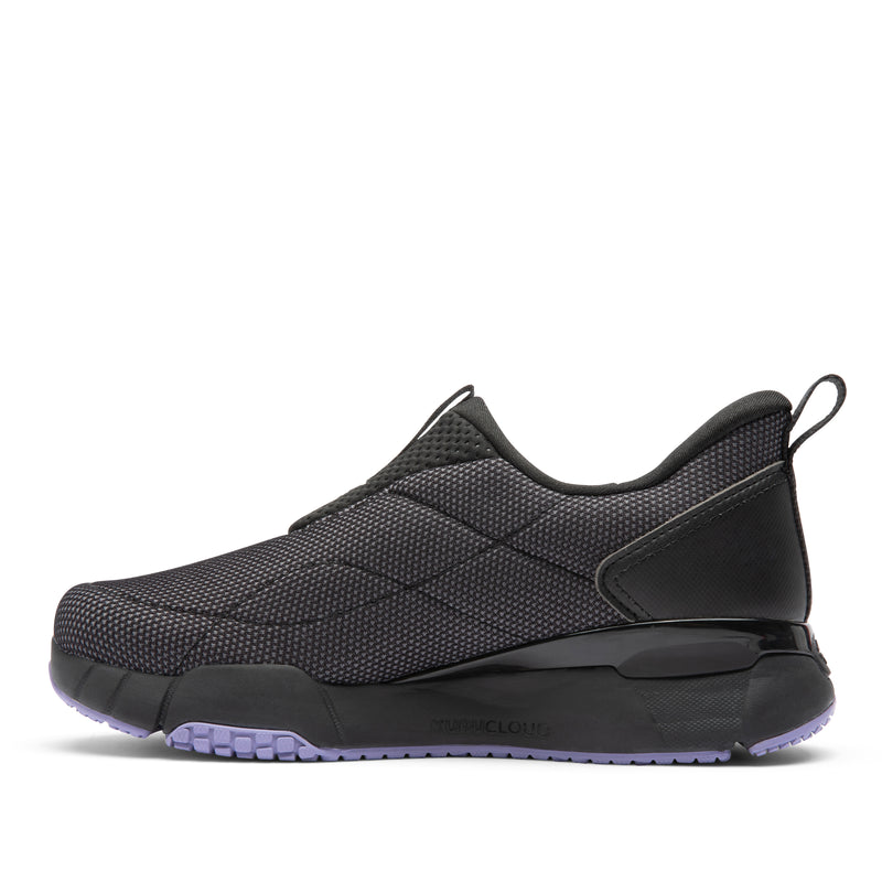 Inner side view of the KURU QUANTUM 2 Slip-On Women's Slip-On Sneaker in Jet Black-Purple Haze.