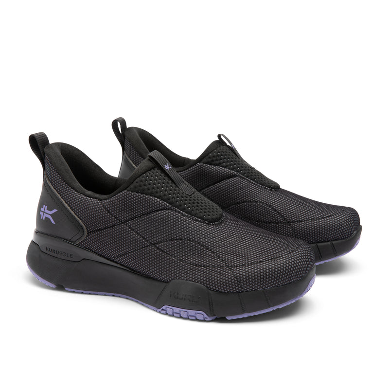 Pair of KURU QUANTUM 2 Slip-On Women's Slip-On Sneaker in Jet Black-Purple Haze, angled view.